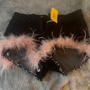 Black Shorts with Pink Feather Trim